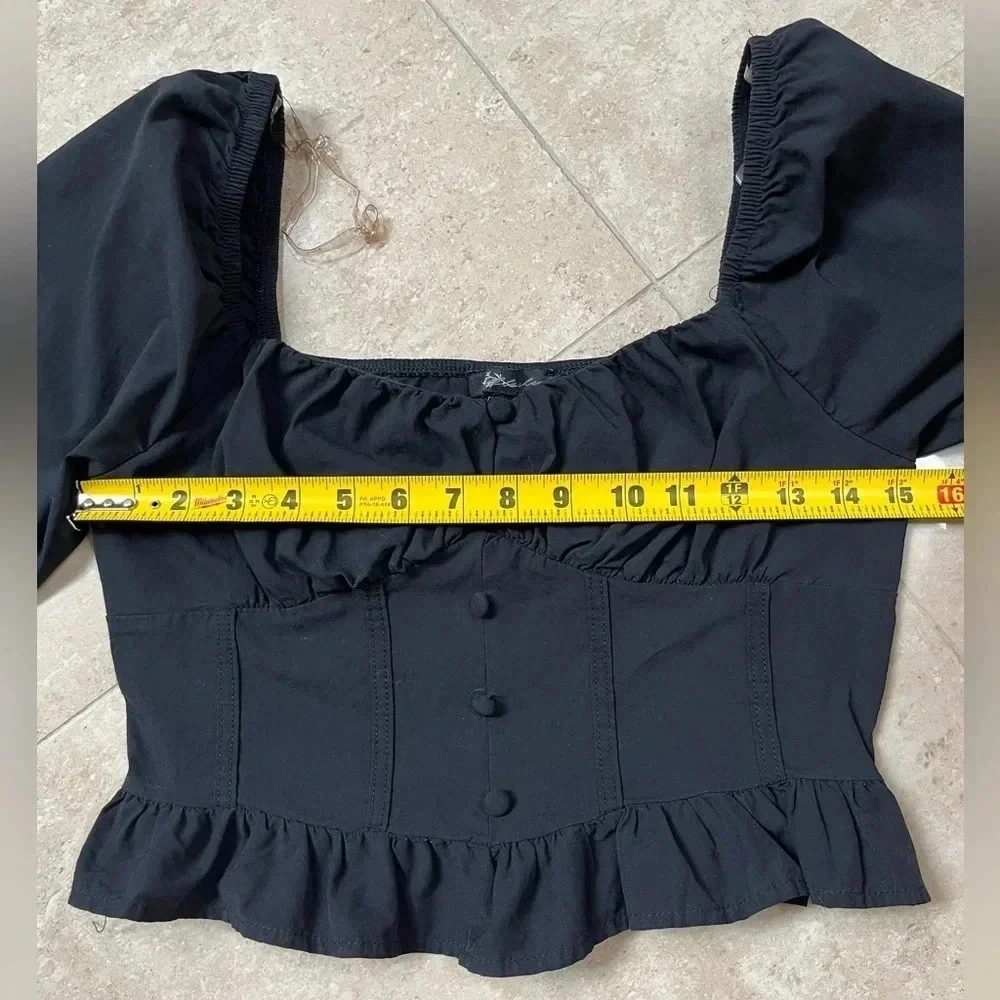 Square Neck Long Sleeve Ruffle Hem off shoulder Solid Black Crop Top size M